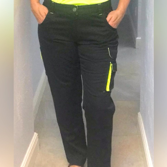 Parkside cargo pants black with neon yellow detail. Size 12. - Picture 1 of 6